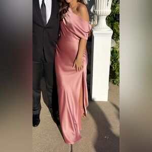 Social Bridesmaids - Off-Shoulder Satin Evening Gown in Dusty Rose